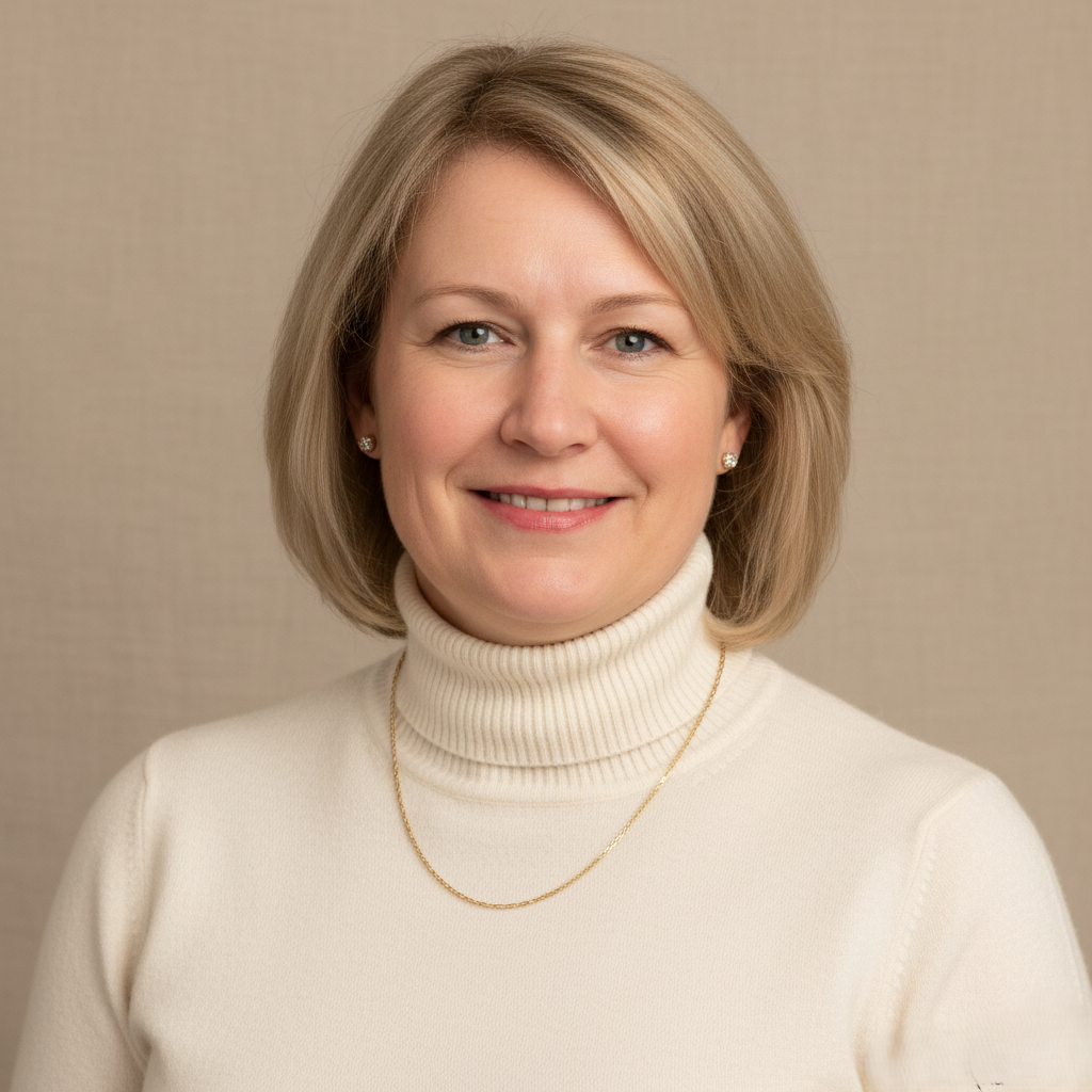 Smiling middle-aged woman with blonde hair wearing a cream turtleneck sweater and a gold chain necklace against a beige background.