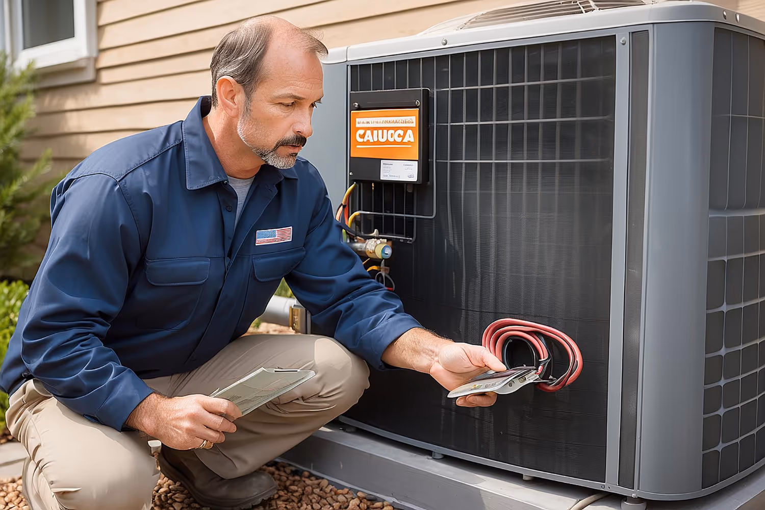 A technician in a blue uniform examines an outdoor AC unit, holding a clipboard and tools. 