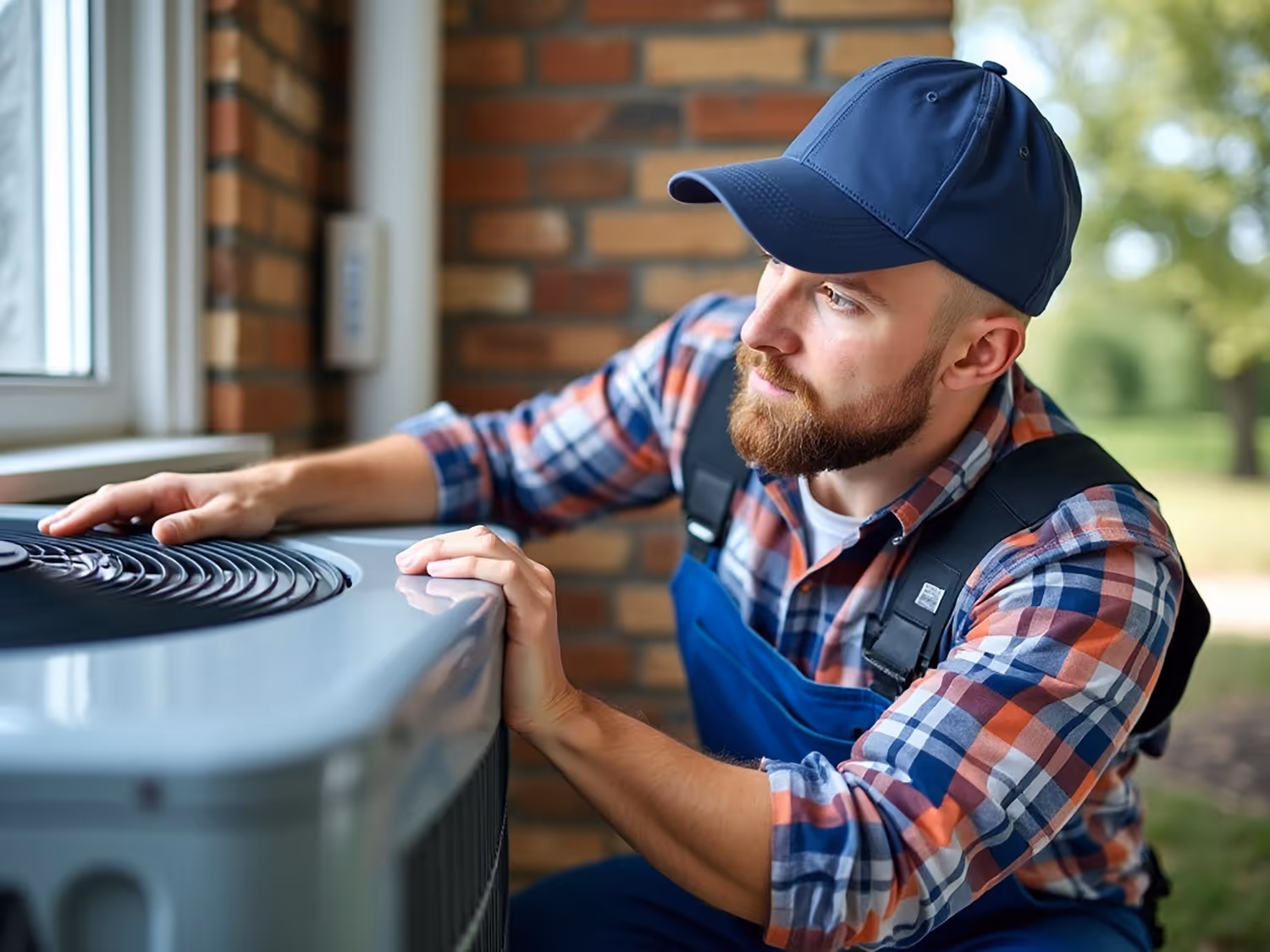 Man in plaid shirt and cap thoughtfully inspects an air conditioning unit outdoors