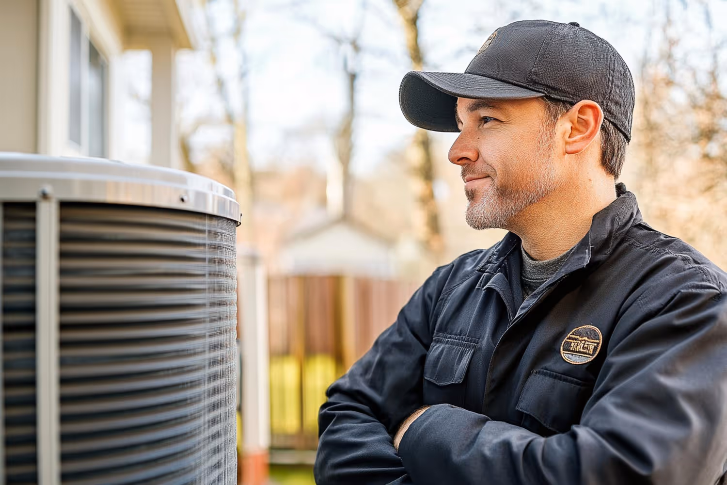 Man in a black cap and jacket inspecting an air conditioning unit outside,