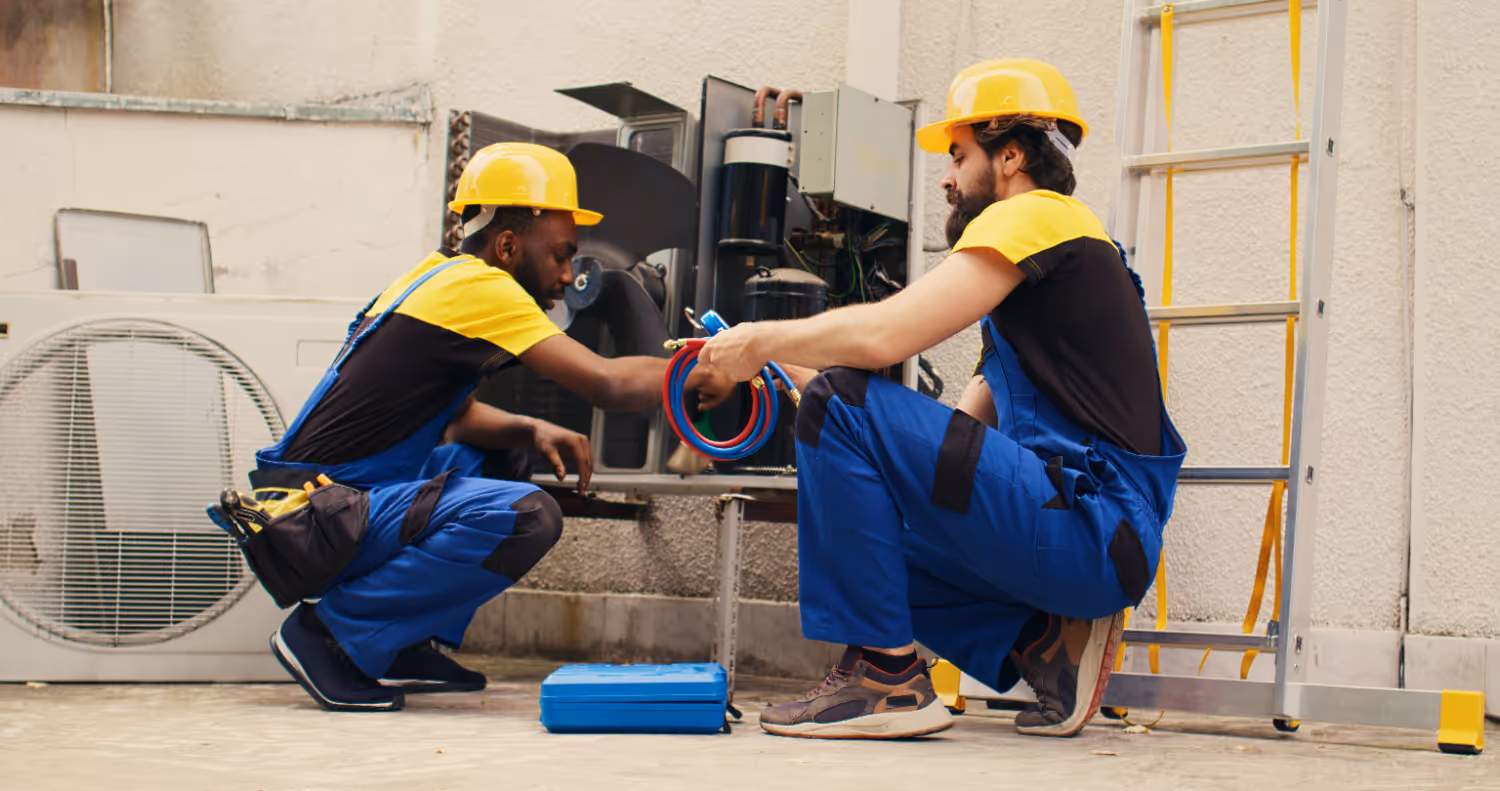Two technicians in blue uniforms and yellow helmets work on an HVAC unit outdoors.