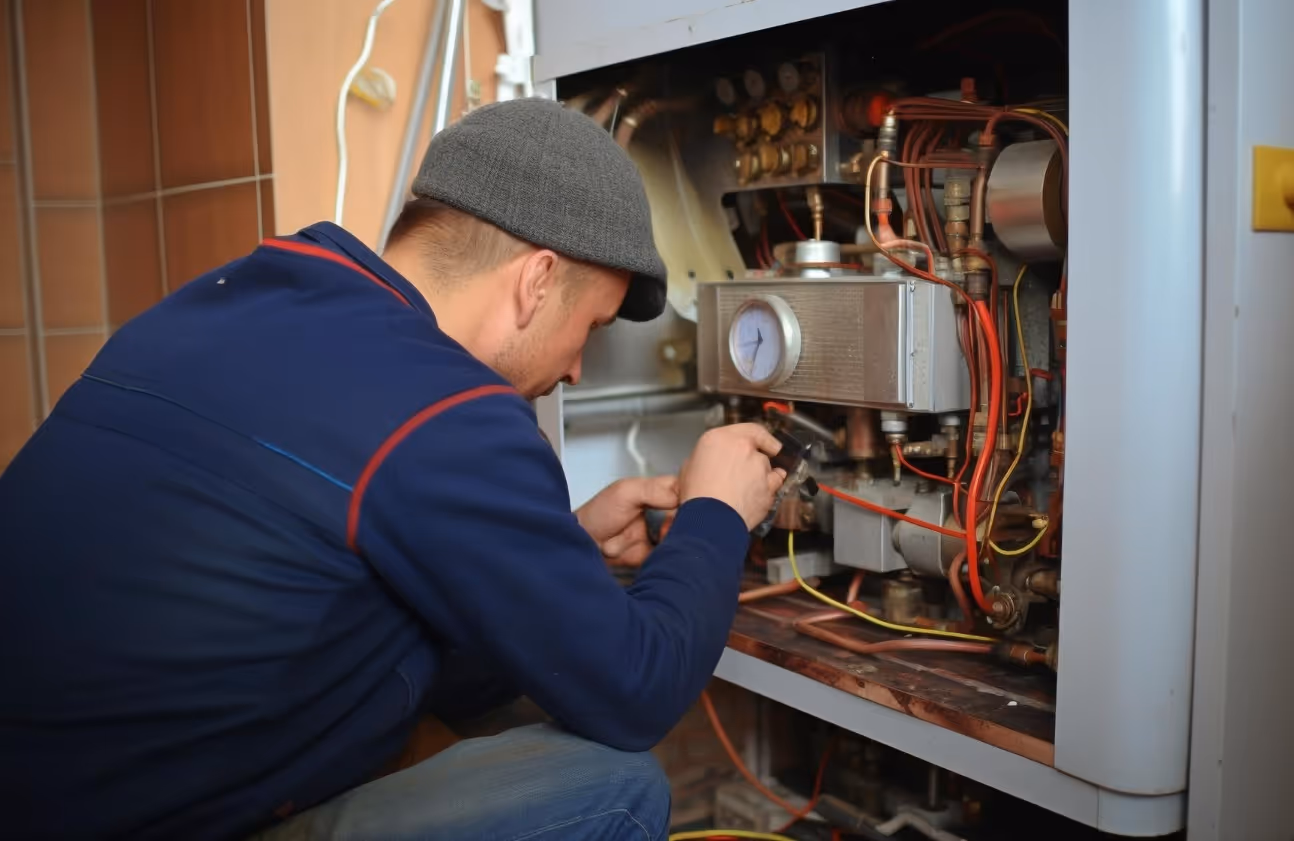 A person in a blue jacket and gray cap repairs a complex boiler system, inspecting wires and components. 