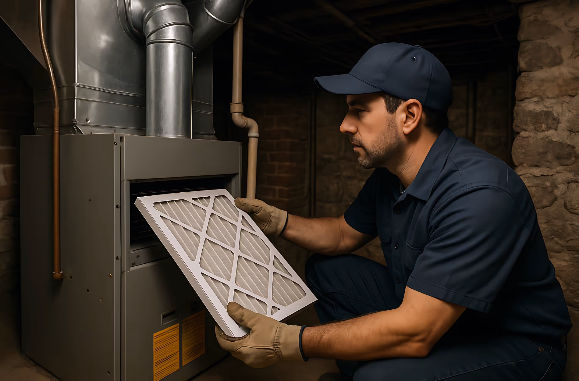 A technician in blue uniform replaces a furnace air filter in a dimly lit basement