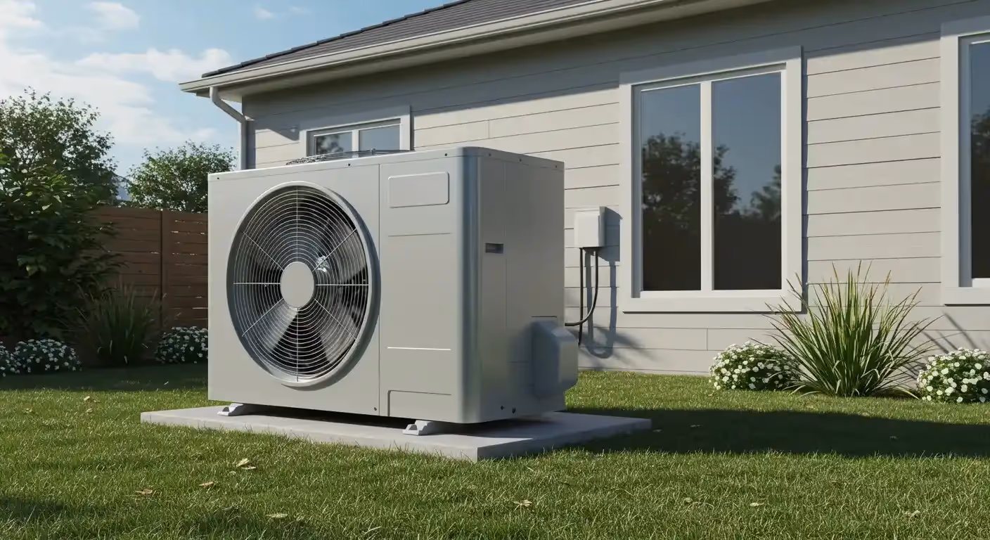 A white heat pump unit is positioned on a concrete slab in a green yard next to a house with white siding and green bushes.