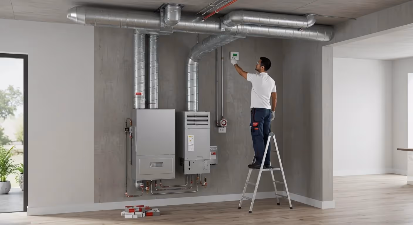 A man wearing a white shirt and dark blue pants with red accents is standing on a stepladder, adjusting a digital thermostat or control panel mounted on a concrete wall. Below him are two connected modern HVAC units (likely a boiler or furnace system) and large, exposed metal ductwork running along the concrete ceiling. The room is bright, with light wooden flooring and a large window or glass door on the left.