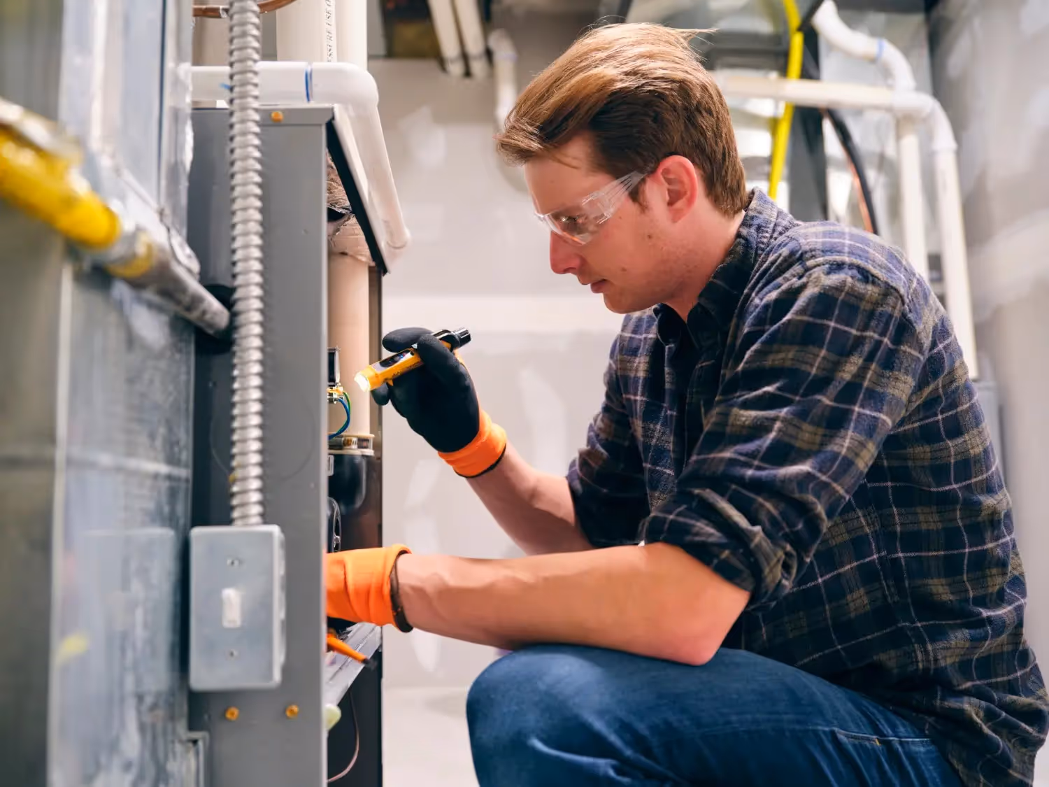  A male HVAC technician with glasses and a light blue shirt is kneeling in a dusty, unfinished attic space. He is inspecting a horizontal furnace or air handler with a yellow flashlight. The unit is connected to large metallic ducts and black insulated pipes. The roof rafters and exposed insulation are visible in the background.