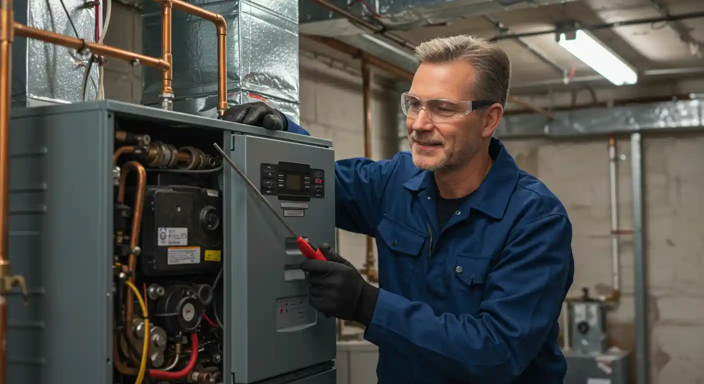 A smiling, middle-aged male HVAC technician in a dark blue uniform, safety glasses, and work gloves is servicing a furnace or heating unit in a basement or utility room. He is pointing to a control panel on the unit with a red tool, indicating an inspection or diagnostic task on the exposed internal components, which include pipes and wiring.