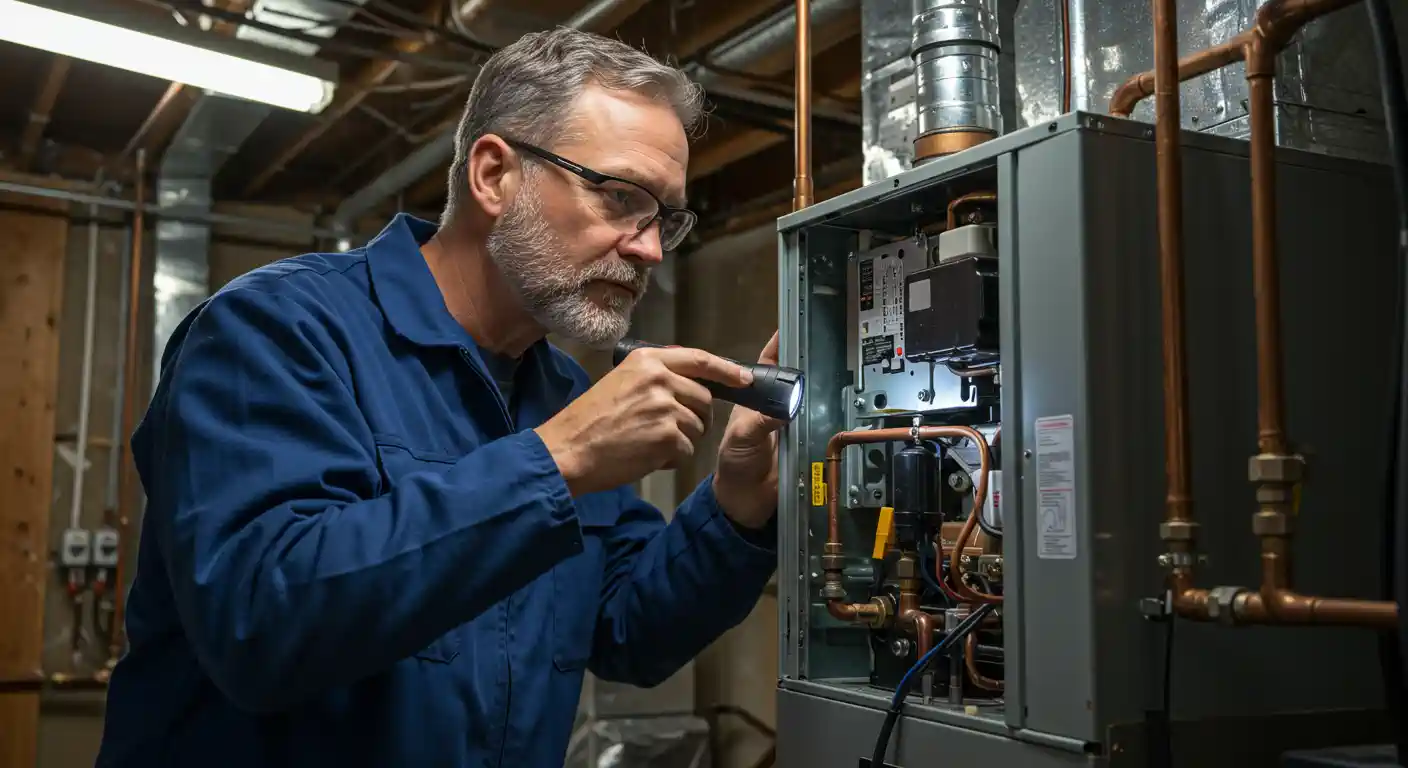 A bearded, middle-aged male HVAC technician in a blue uniform and glasses is performing a detailed inspection of a furnace or heating unit in a basement. He is using a small flashlight to illuminate the unit's complex internal components, which include copper piping and wiring, suggesting a thorough diagnostic check. Ductwork is visible in the background.