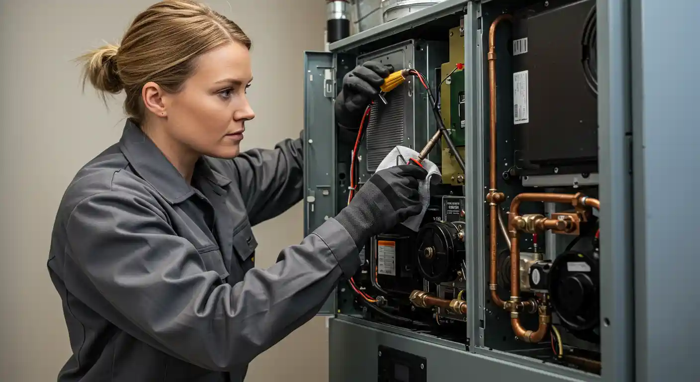 A serious female HVAC technician in a gray work uniform and black gloves is servicing an open-panel furnace or mechanical unit. She is using a screwdriver in her right hand and a piece of white cloth or rag in her left hand to clean or work on the internal wiring and components, which include visible copper piping and electrical boards.