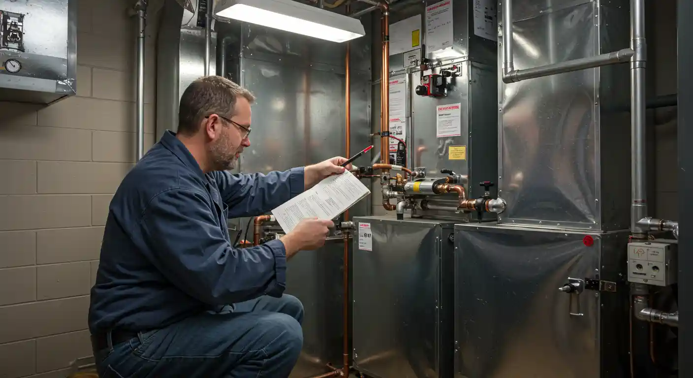 A kneeling, male HVAC technician in a blue uniform and glasses is performing maintenance on a commercial boiler or air handler unit in a mechanical room. He is consulting a manual or checklist, holding it with his left hand while pointing a tool at the copper piping and valves on the unit's exterior, indicating a focused repair or inspection task.