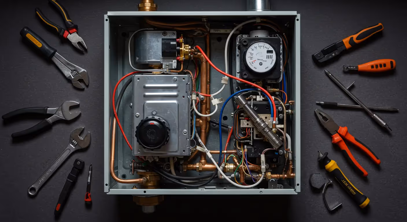 An overhead view shows the internal components of a water heater or small boiler unit within its open metal casing, laid flat on a dark surface. The unit is a complex assembly of copper and plastic tubing, electrical wiring (red, blue, black), a large pressure gauge, a control dial, and other mechanical and electronic parts. Surrounding the casing is an assortment of hand tools necessary for repair, including various types of pliers, an adjustable wrench, combination wrenches, screwdrivers, and wire strippers.
