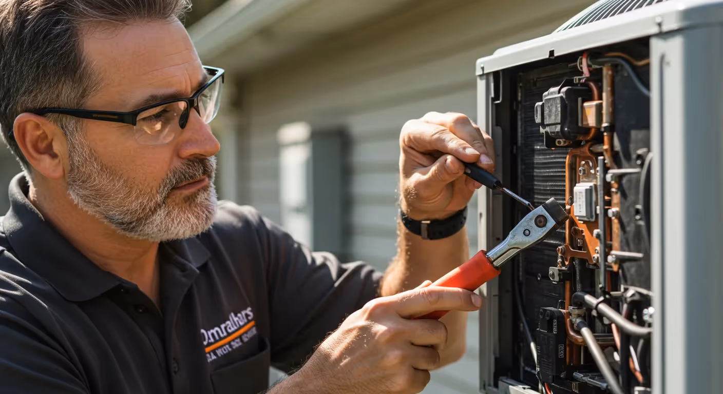A man with a beard and glasses is using a tool to work on the intricate internal wiring of an outdoor AC unit
