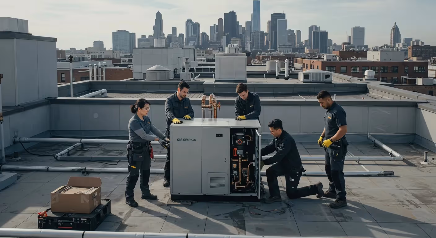 Five technicians repairing rooftop HVAC unit overlooking city.