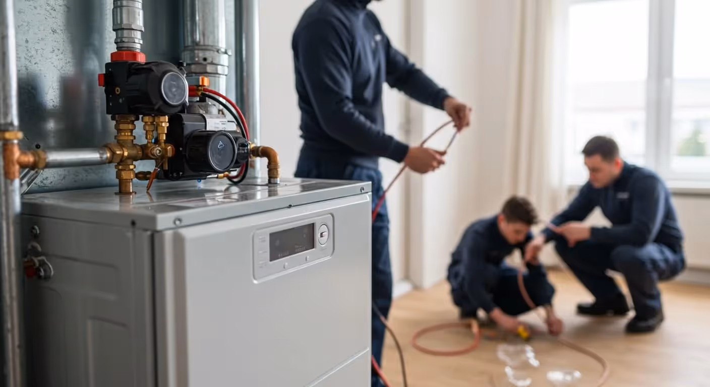 Three HVAC technicians are installing a new heating system. One is standing near the main gray heating unit, which has a digital display and pump assembly, while the other two are kneeling on the wooden floor, preparing copper or plastic tubing for connection.