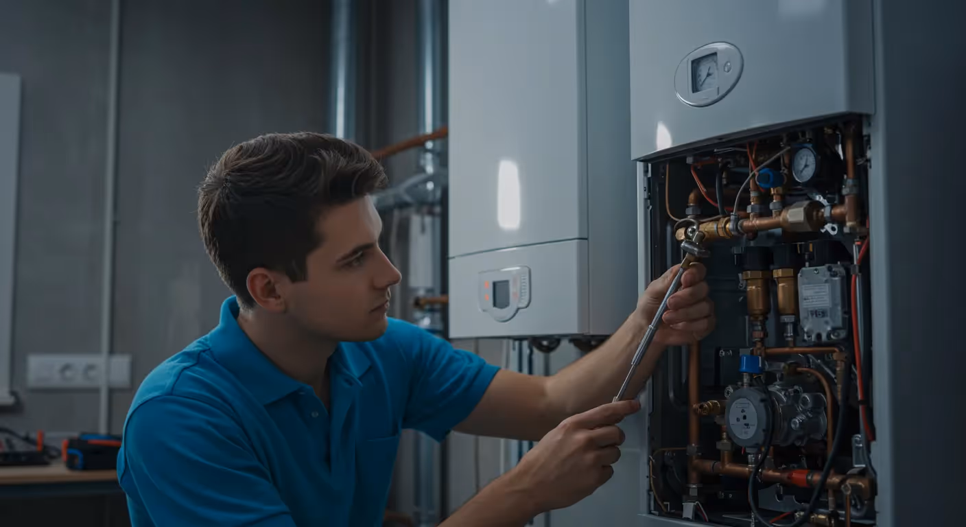 A male HVAC technician in a blue shirt is closely examining and adjusting the internal components of a white wall-mounted boiler or water heater. The unit's front panel is open, revealing a network of copper piping, valves, wires, and gauges. The technician is using a tool, possibly a screwdriver or small wrench, on one of the brass fittings.