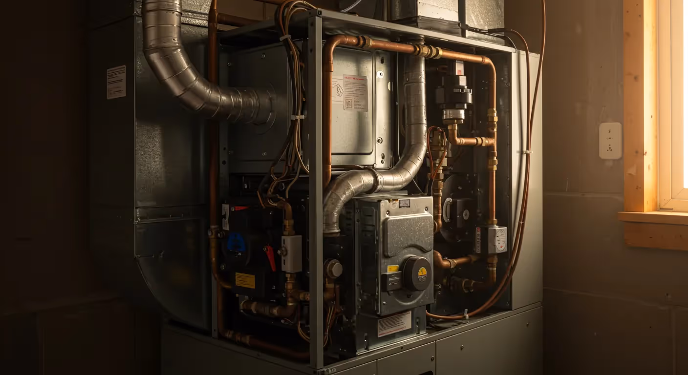 The image is a close-up of a gray central heating unit, likely a furnace or hydronic air handler, installed in a dimly lit utility room. The panel has been opened or removed, revealing complex internal components, including copper piping, valves, control boxes, and flexible metallic ductwork. The unit is situated next to a wall with a window or light fixture on the right, providing warm side lighting.