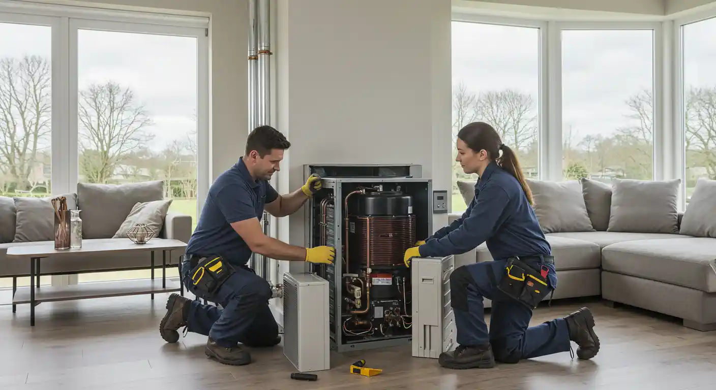 A male and a female HVAC technician, both wearing dark blue uniforms and yellow work gloves, are servicing a large, modern indoor heat pump or boiler system. They are kneeling on a light wooden floor, with the unit's front panels removed, exposing a large copper heat exchanger and internal components. The unit is located in a brightly lit, contemporary living space with large windows and a gray sectional sofa in the background.