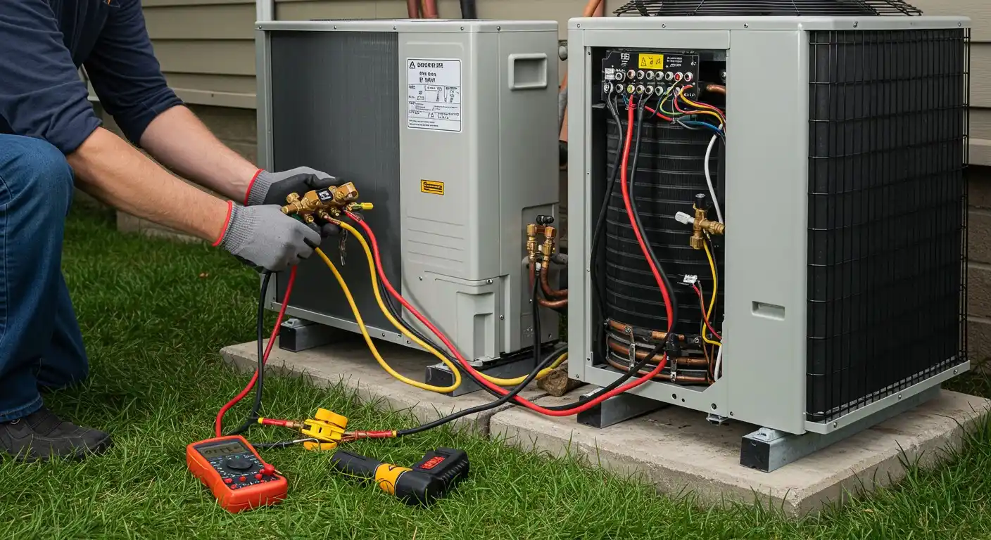 Man checking refrigerant lines on HVAC unit.