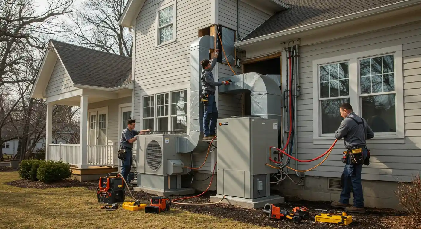 Crew installing large outdoor HVAC system.