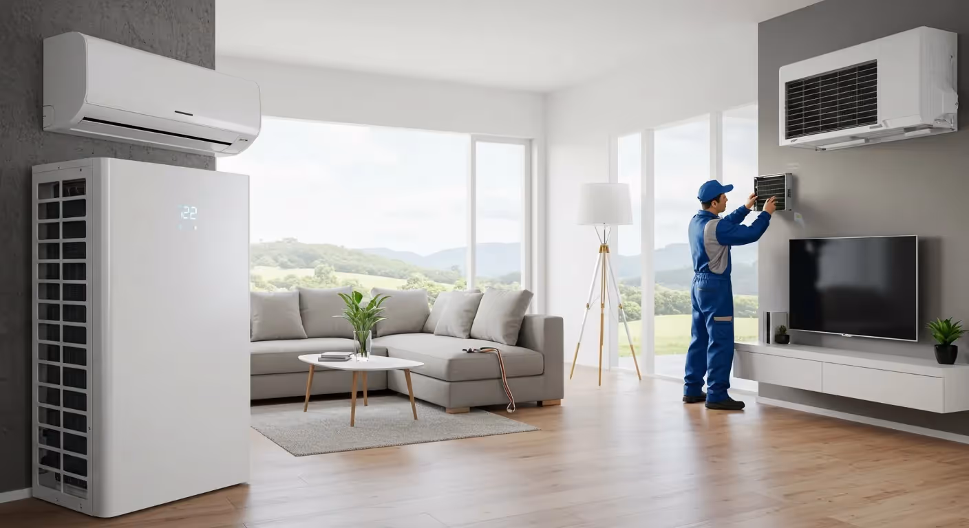 Technician installing an indoor mini-split unit.