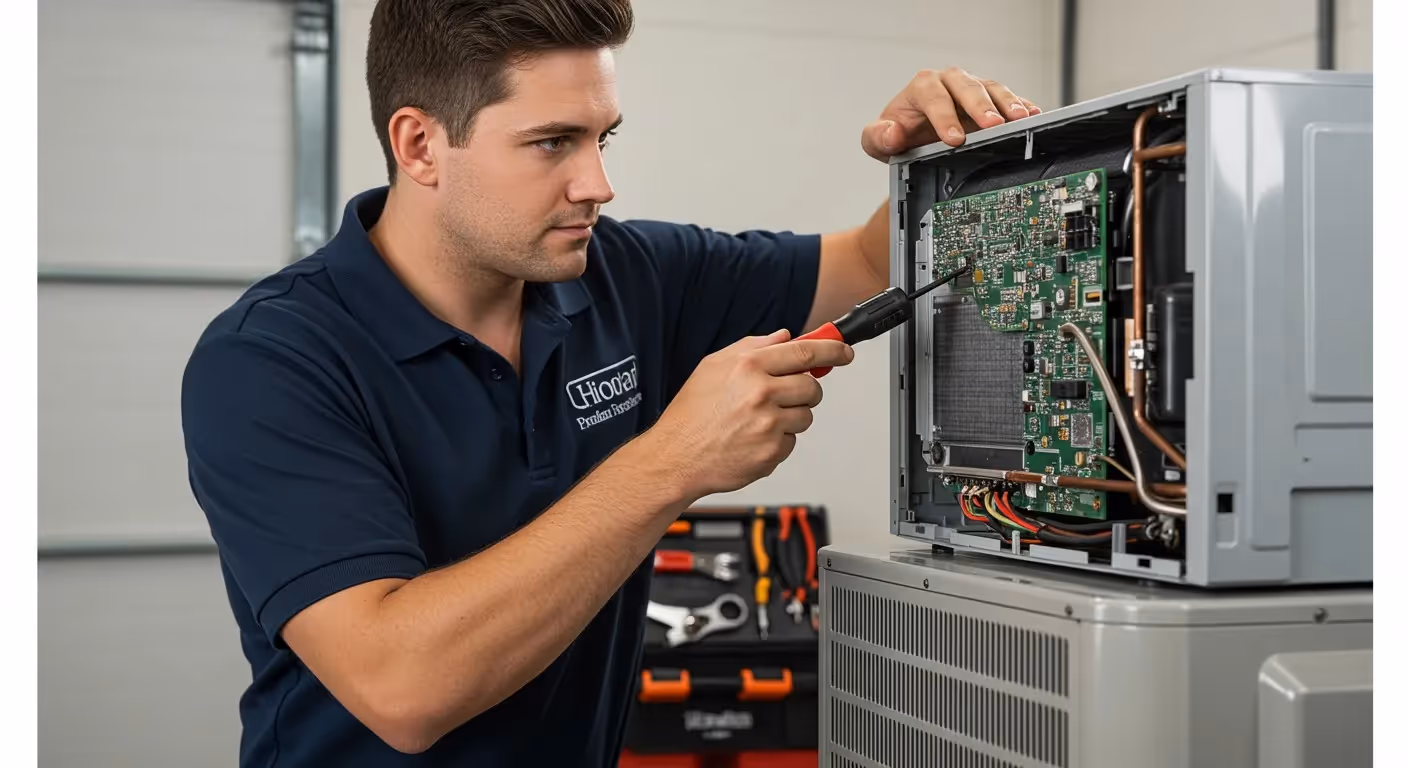 Technician inspecting a mini-split circuit board.
