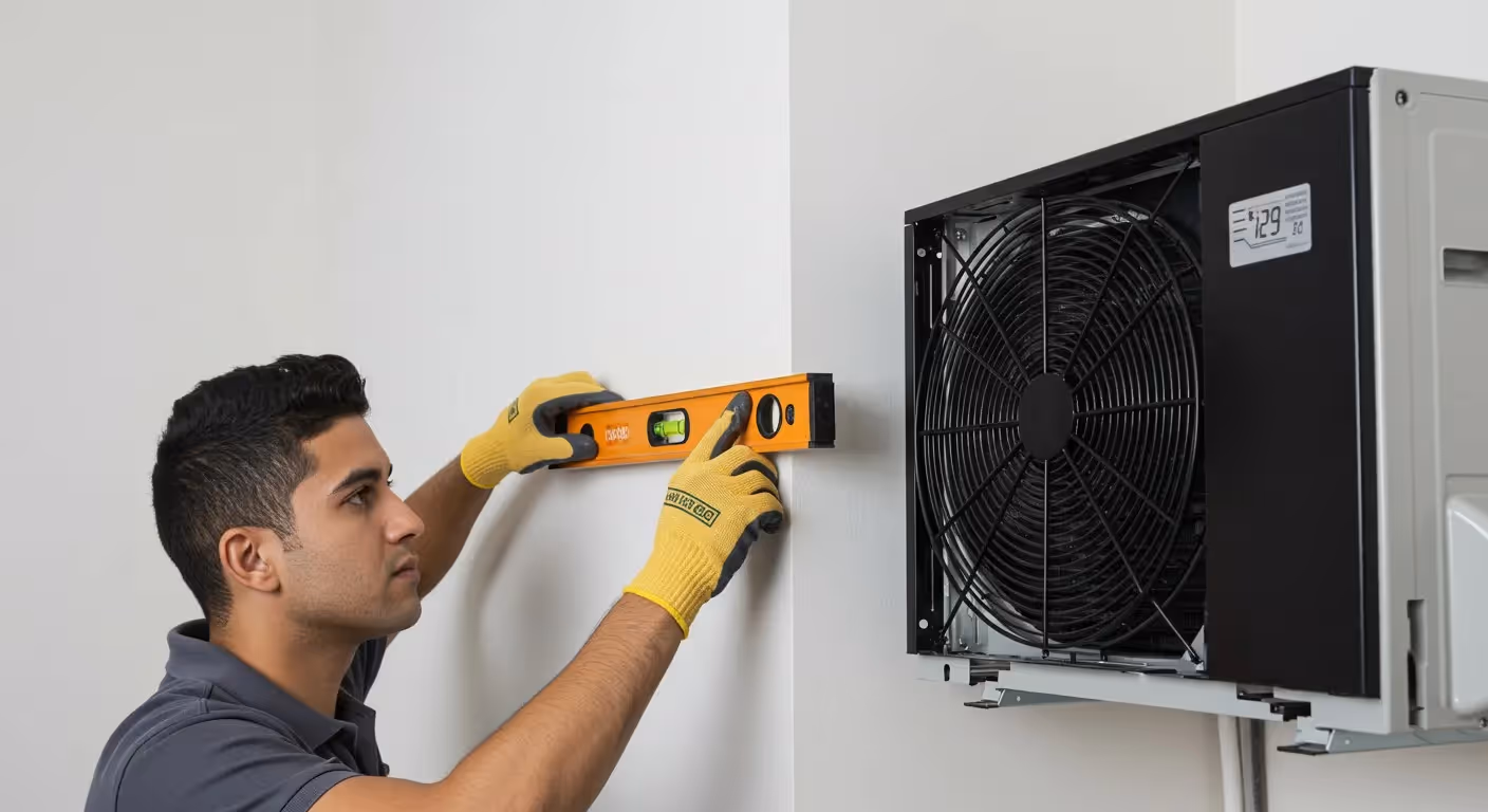 Technician leveling a wall-mounted mini-split AC.