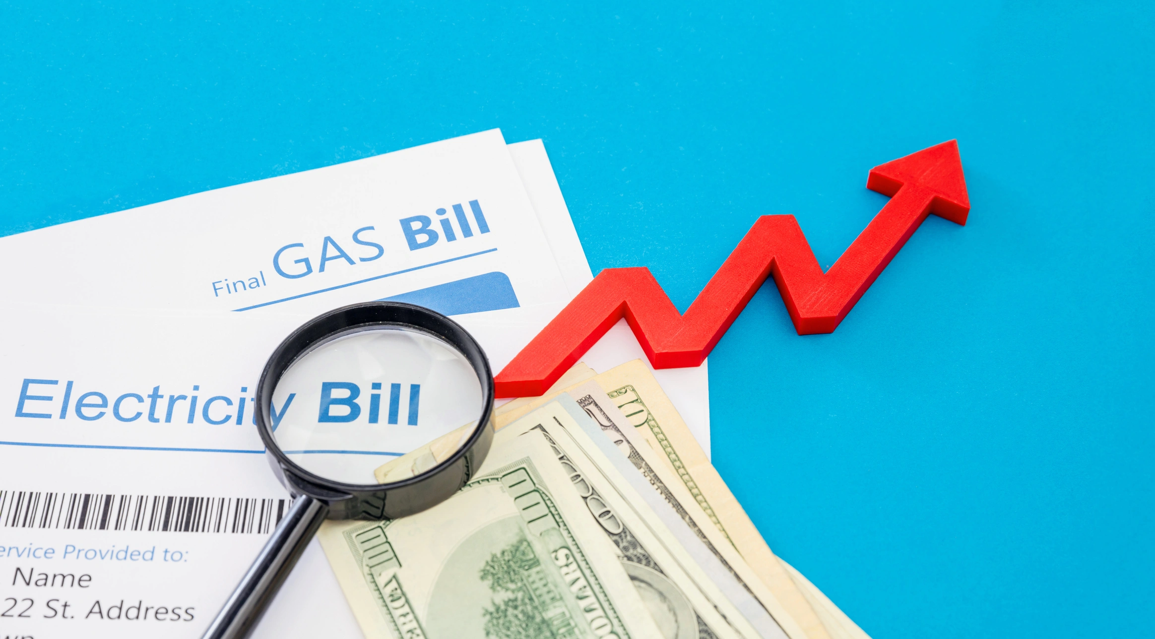 Illustration of an electric bill on a green background, magnified to emphasize the word 'BILL' and dollar signs