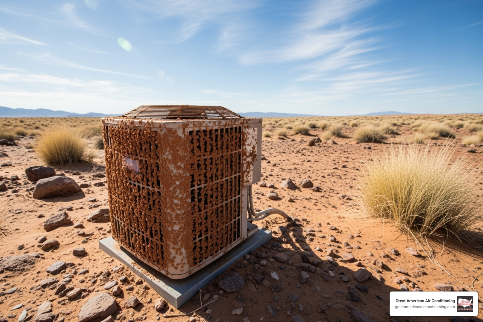 An outdoor AC unit covered in dust against a desert backdrop, emphasizing the harsh environment it operates in. - ac tune up phoenix