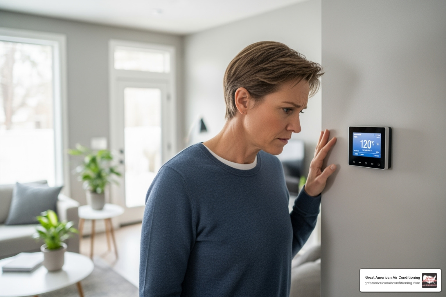 A homeowner looking concerned at a thermostat, indicating a problem with the AC system. - ac tune up phoenix