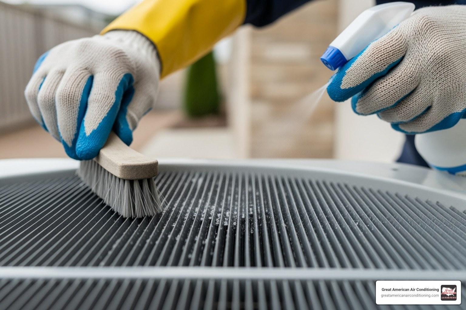A close-up image of a technician diligently cleaning an AC condenser coil, highlighting the precision and attention to detail involved in a professional tune-up. - ac tune up phoenix