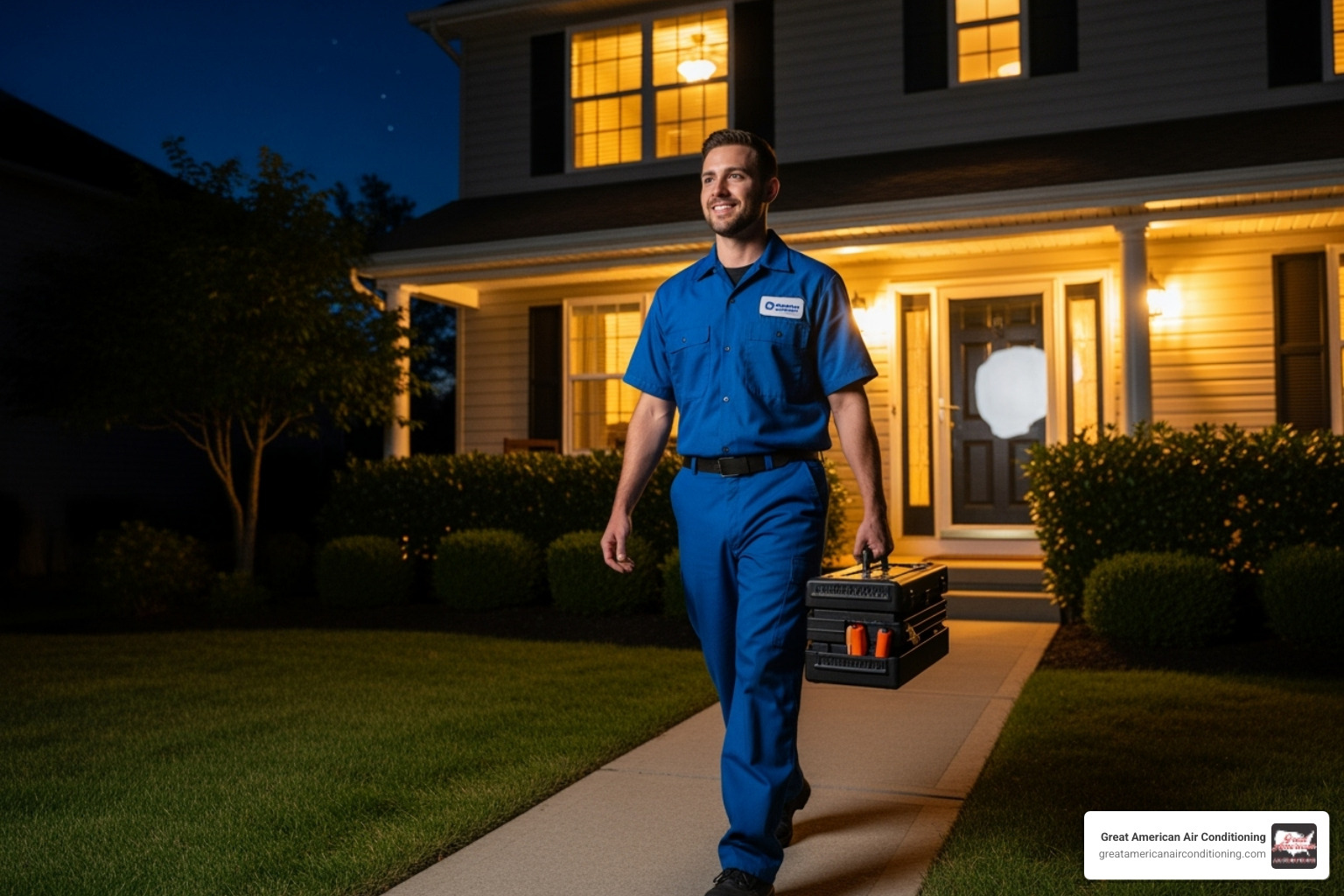 Friendly technician arriving at a home at night - 24 7 ac repair surprise az