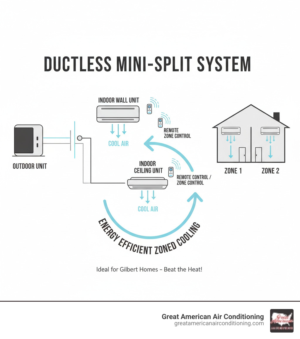 Infographic showing the basic components of a ductless mini-split system: outdoor compressor unit connected via thin refrigerant lines and power cable through a small wall penetration to one or more indoor air-handling units mounted on walls or ceilings, with arrows indicating cool air distribution and remote control capabilities for each zone - ductless ac installation gilbert infographic 