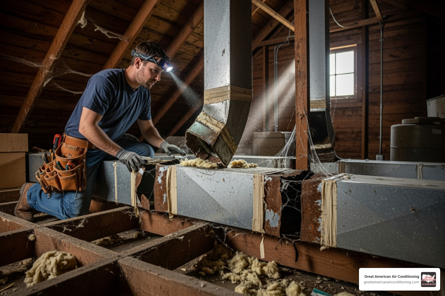 of a technician inspecting old, damaged ductwork in an attic - ductwork installation peoria az