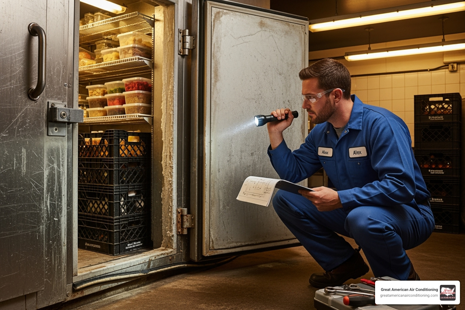 technician inspecting an older, inefficient walk-in cooler - refrigeration installation phoenix technician inspecting an older, inefficient walk-in cooler - refrigeration installation phoenix