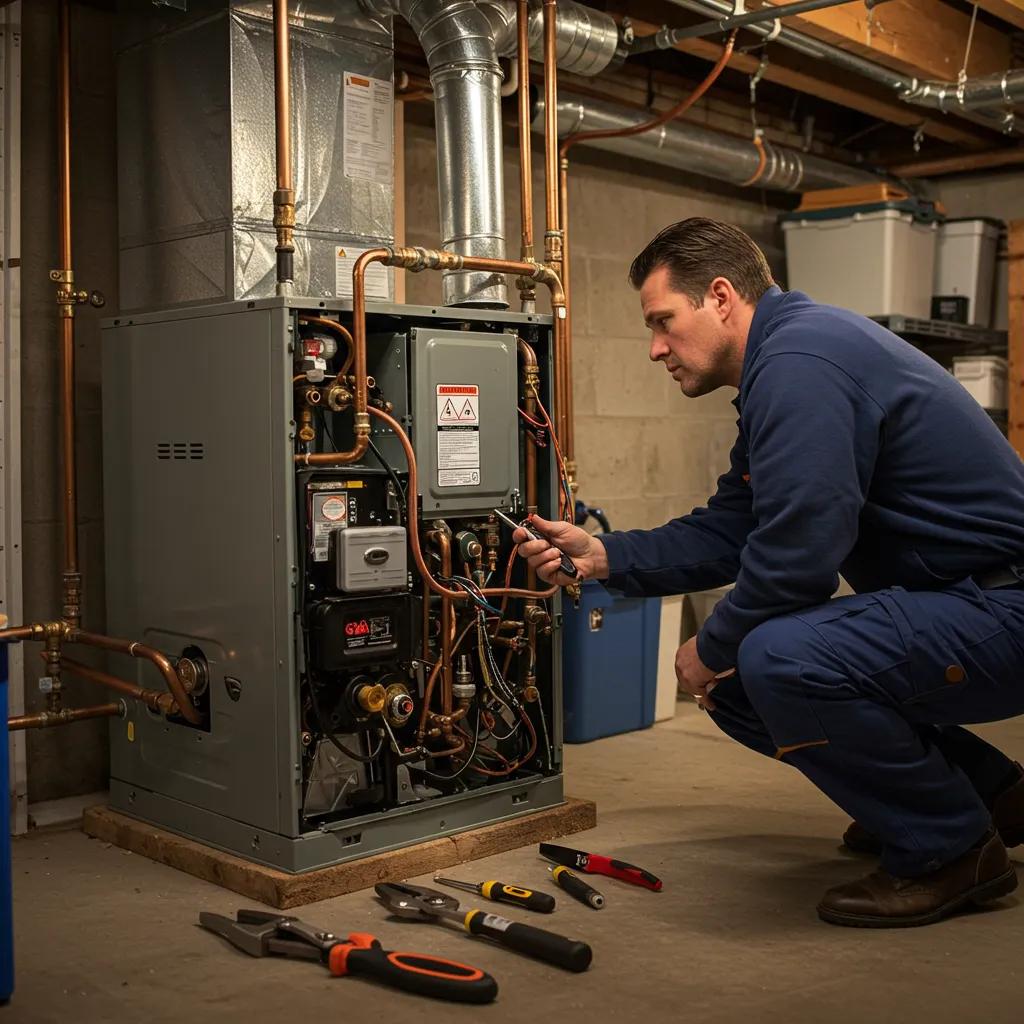 Technician inspecting a furnace for heating issues in a residential basement