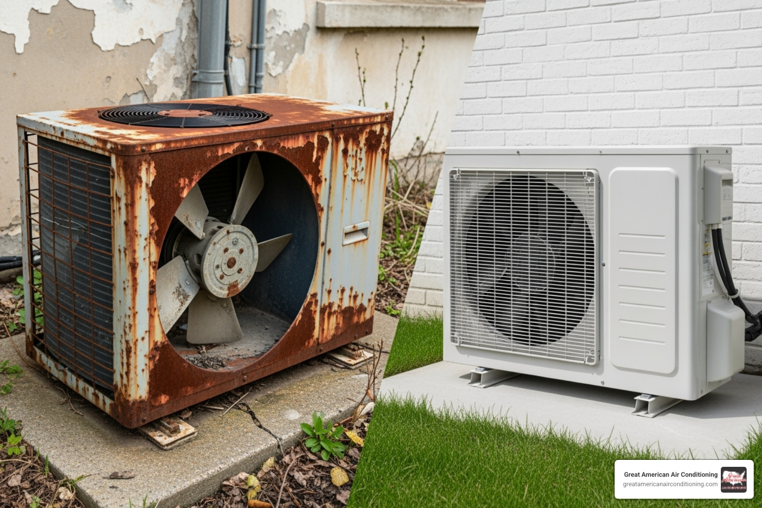 split-screen showing an old, rusty AC unit and a new, modern one - ac repair paradise valley