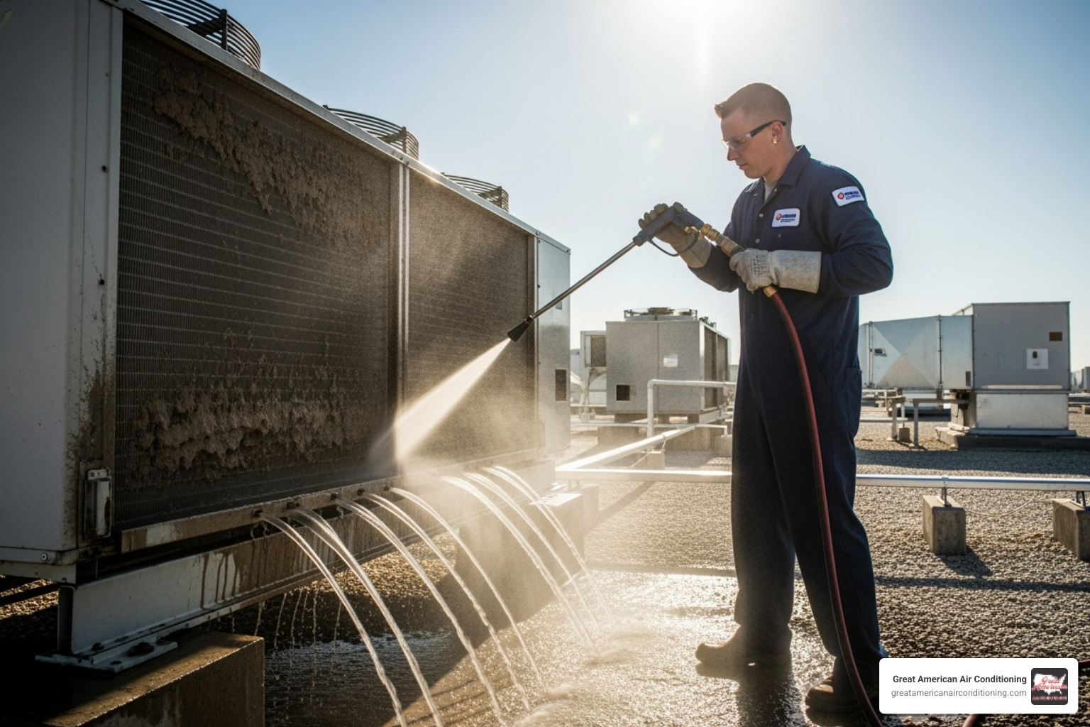 A technician cleaning a dusty commercial HVAC coil - commercial hvac maintenance tempe A technician cleaning a dusty commercial HVAC coil - commercial hvac maintenance tempe