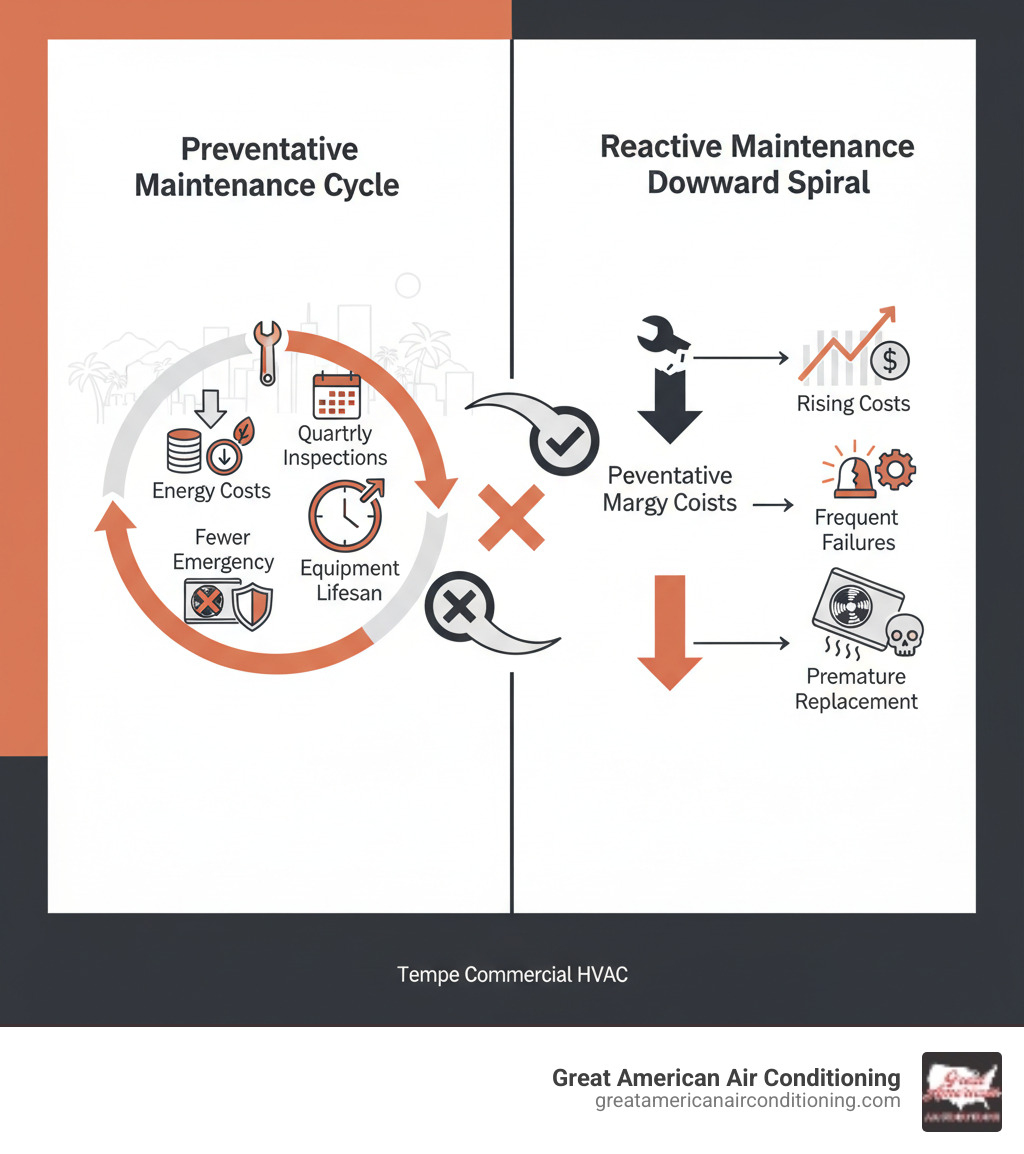 infographic showing the cycle of preventative commercial HVAC maintenance in Tempe including quarterly inspections, reduced energy costs, extended equipment lifespan, and fewer emergency breakdowns, compared to reactive maintenance showing rising costs, frequent failures, and premature replacement - commercial hvac maintenance tempe infographic  infographic showing the cycle of preventative commercial HVAC maintenance in Tempe including quarterly inspections, reduced energy costs, extended equipment lifespan, and fewer emergency breakdowns, compared to reactive maintenance showing rising costs, frequent failures, and premature replacement - commercial hvac maintenance tempe infographic