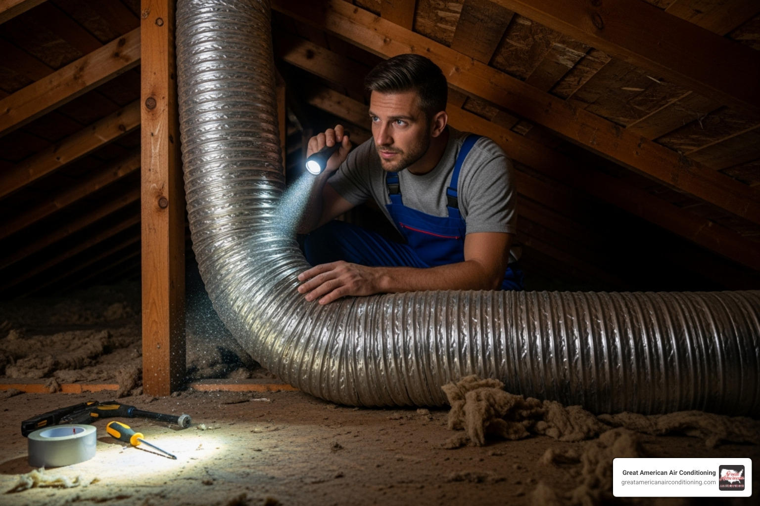 technician inspecting a flexible duct in an attic - air duct repair scottsdale