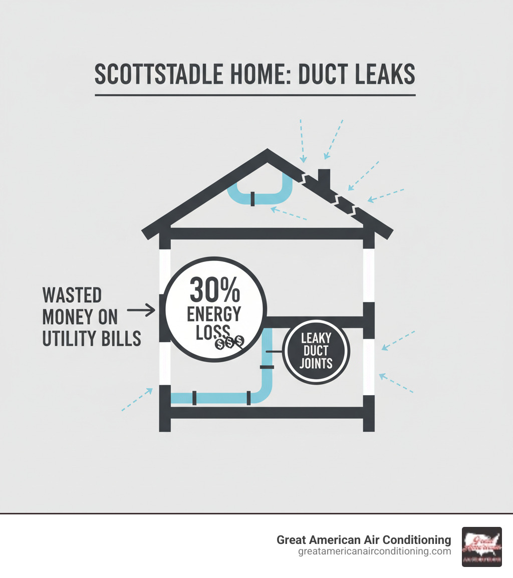 Infographic showing a cross-section of a home with arrows indicating conditioned air escaping from leaky duct joints in the attic and crawl spaces, with percentages showing 30% energy loss and dollar signs representing wasted money on utility bills - air duct repair scottsdale infographic 