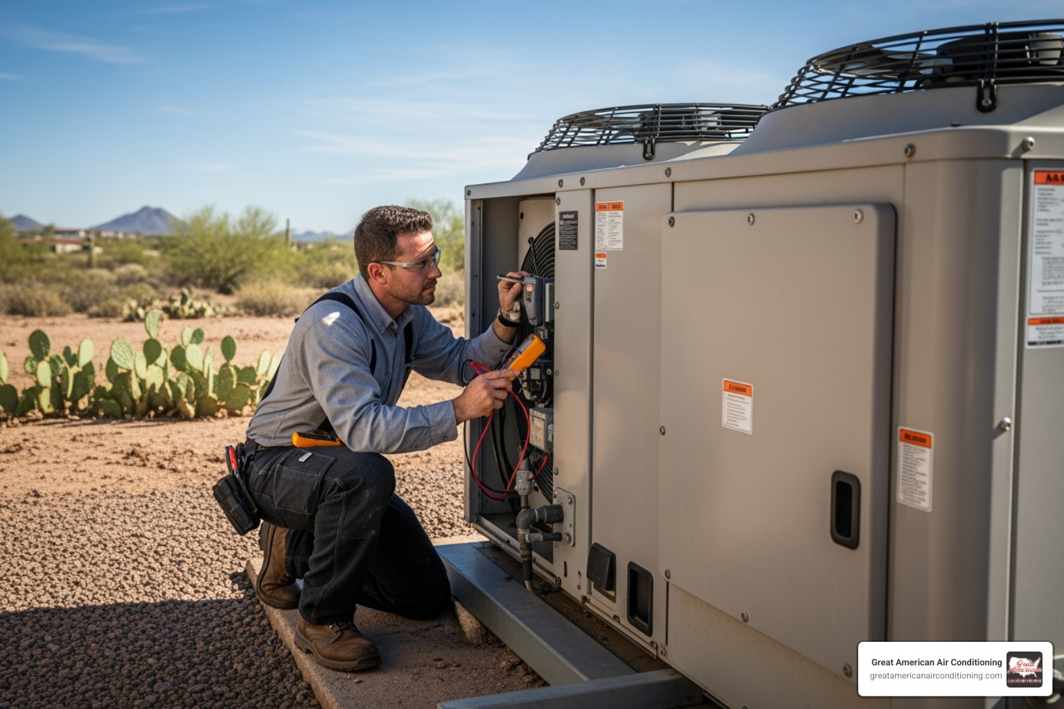 technician inspecting outdoor commercial heat pump unit - heat pump repair mesa technician inspecting outdoor commercial heat pump unit - heat pump repair mesa