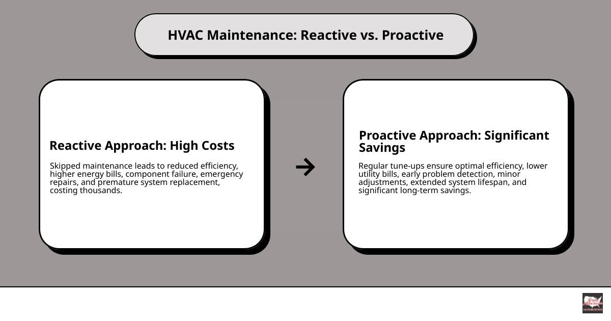 Infographic comparing two cycles: Left side shows 'Reactive Approach' with a downward spiral of skipped maintenance leading to reduced efficiency, higher energy bills, component failure, emergency repairs, and premature system replacement costing thousands. Right side shows 'Proactive Maintenance Plan' with an upward cycle of regular tune-ups leading to optimal efficiency, lower utility bills, early problem detection, minor adjustments only, and extended system lifespan with significant savings. - hvac maintenance plan chandler infographic cause_effect_text