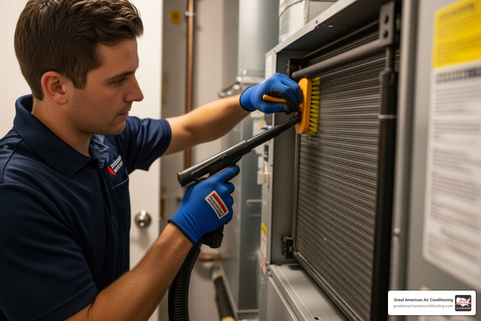 of a technician cleaning an indoor air handler - hvac maintenance plan chandler