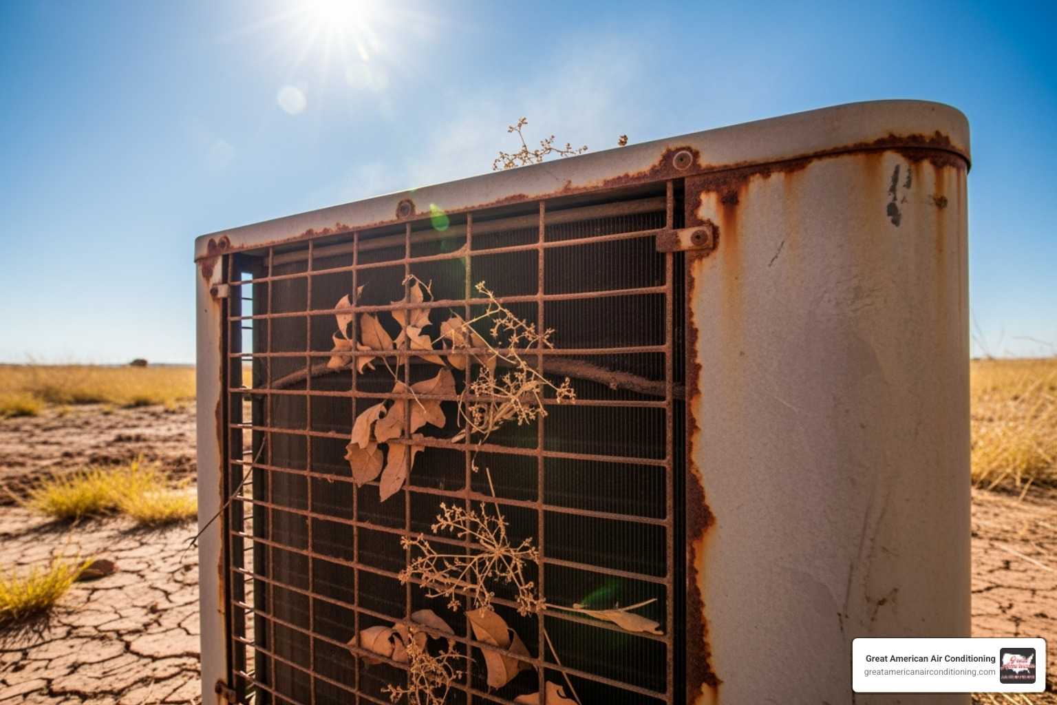 of a dusty, overworked outdoor AC unit - hvac maintenance plan chandler