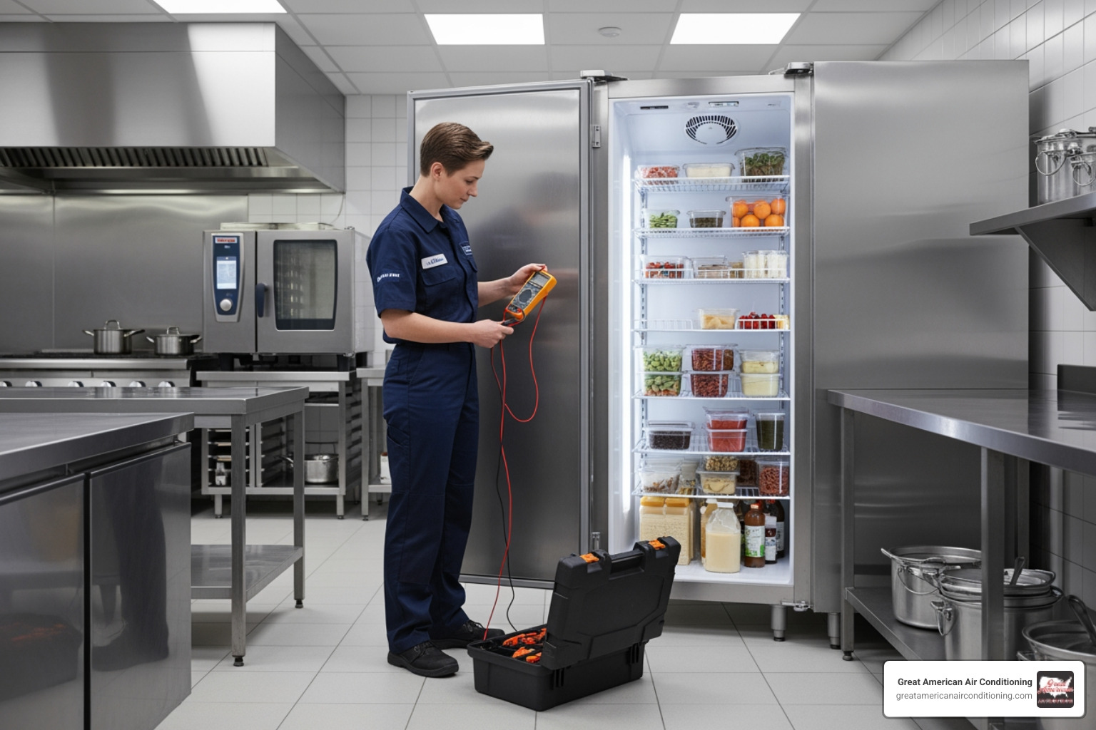 commercial kitchen with various refrigeration units and a technician performing maintenance - refrigeration repair phoenix