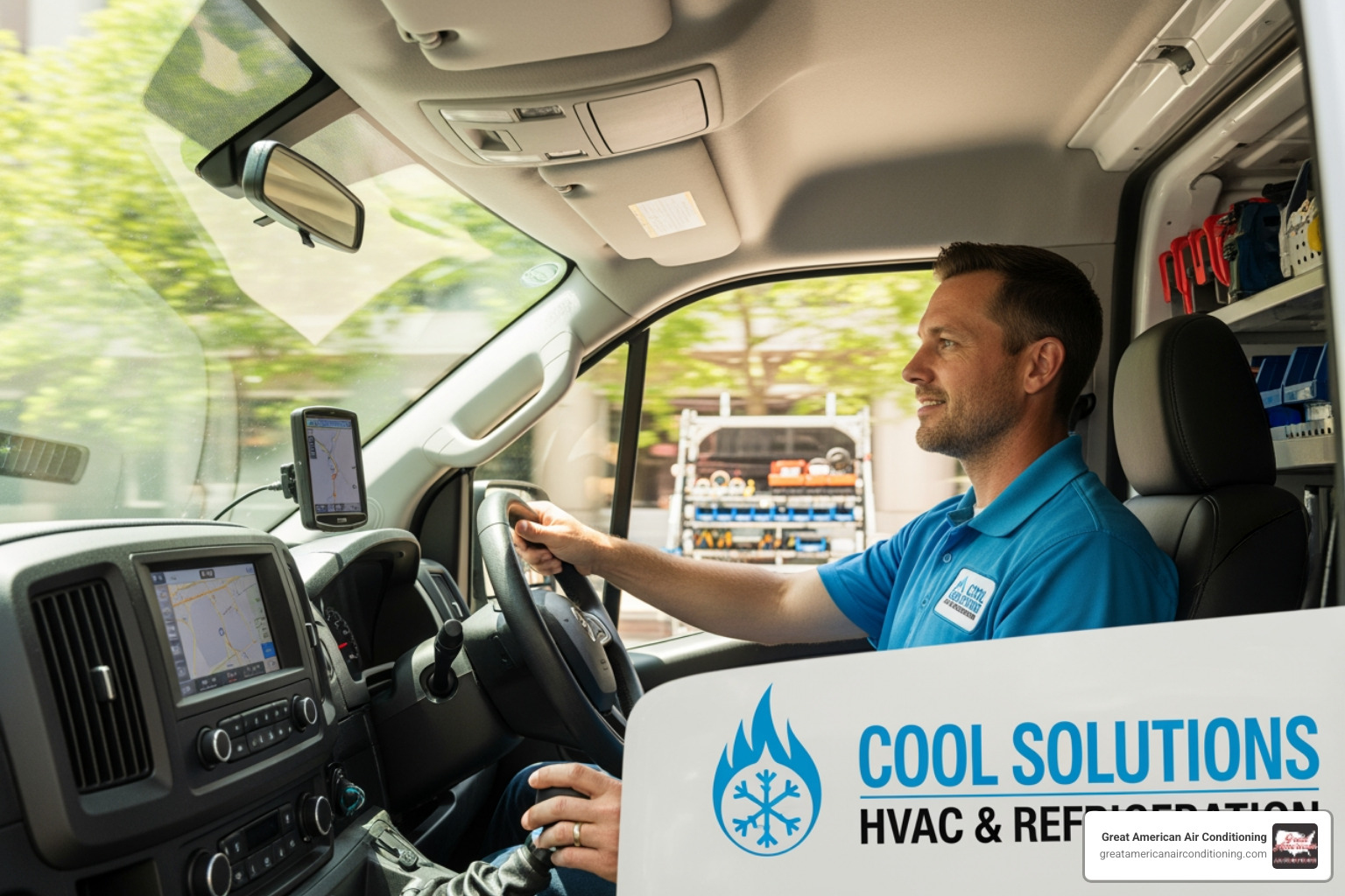 service technician driving a company branded van to a commercial refrigeration repair job - refrigeration repair phoenix