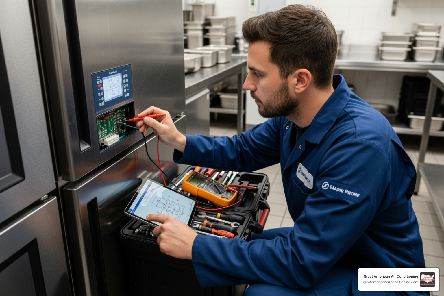 technician performing diagnostics on a commercial refrigeration unit - refrigeration repair phoenix