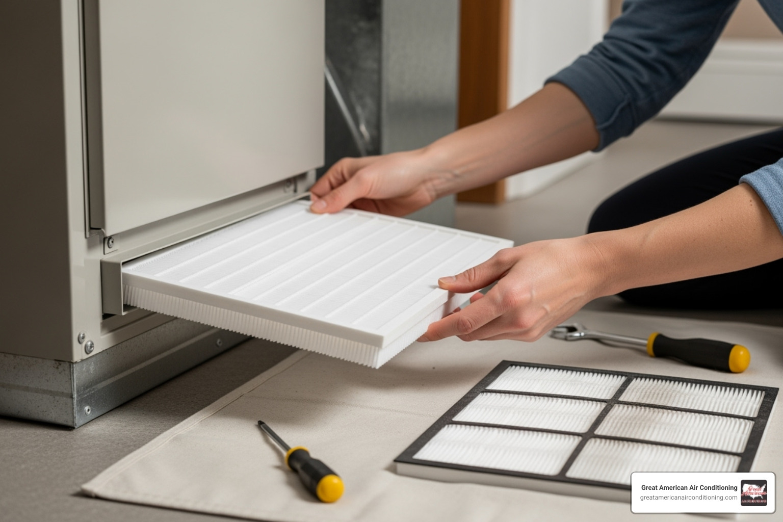 Homeowner easily replacing a clean air filter in their home - ac repair avondale az