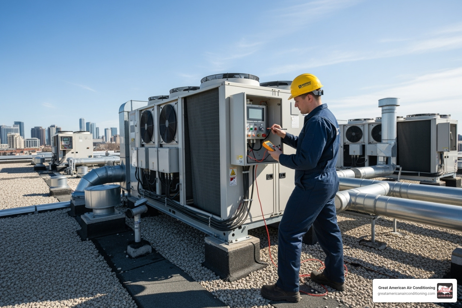 Technician servicing a large commercial HVAC unit on a rooftop - commercial hvac service sun city Technician servicing a large commercial HVAC unit on a rooftop - commercial hvac service sun city