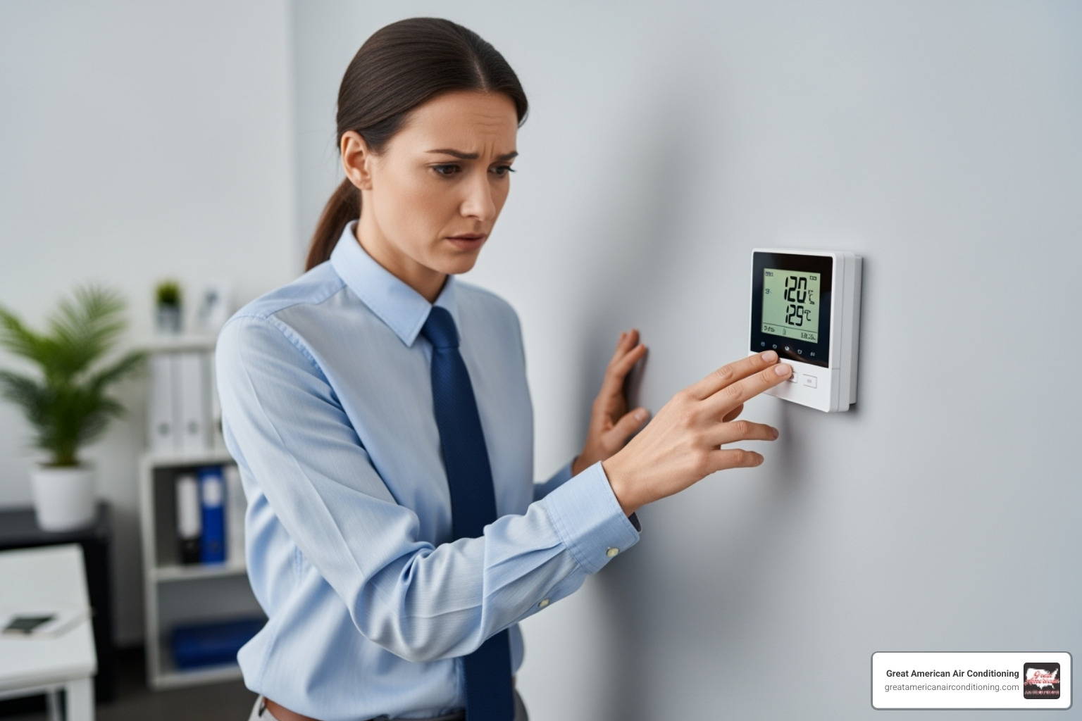 Business owner looking concerned at a thermostat - commercial hvac service sun city Business owner looking concerned at a thermostat - commercial hvac service sun city